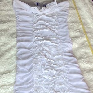 Strapless, eyelet lace, rouched, mini dress.